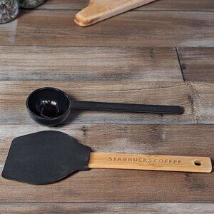 STARBUCKS COFFEE BAMBOO HANDLE FOAM/RUBBER SPATULA & PLASTIC SCOOP